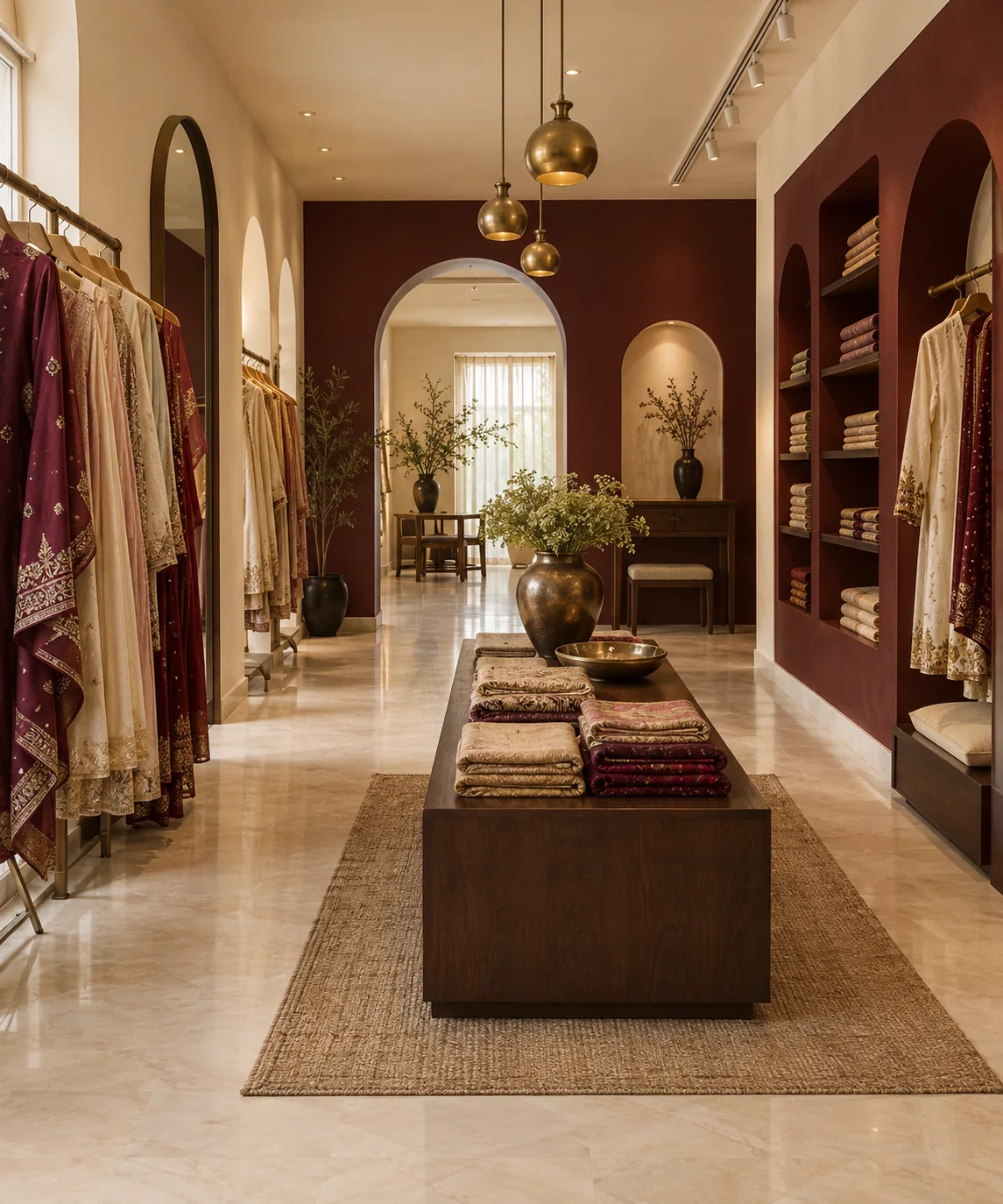 Warm, elegant boutique interior with arched displays