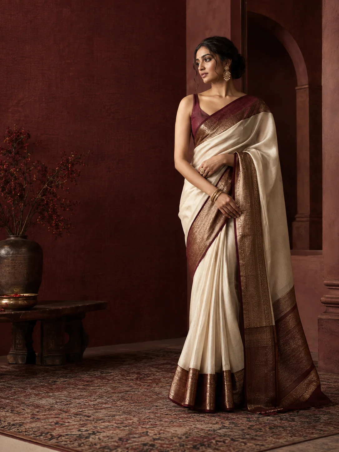 Ivory drape with a deep burgundy border